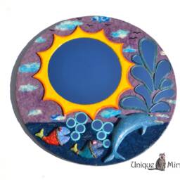 Orange & Yellow Sunburst Mirror W. 2 Fish, Dolphin Mirror, Large Purple Round Decorative Wall Fisherman Gifts, Coastal Decor - thumbnail 4