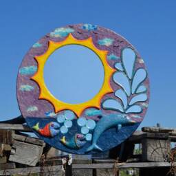 Orange & Yellow Sunburst Mirror W. 2 Fish, Dolphin Mirror, Large Purple Round Decorative Wall Fisherman Gifts, Coastal Decor - thumbnail 2