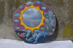 Orange & Yellow Sunburst Mirror W. 2 Fish, Dolphin Mirror, Large Purple Round Decorative Wall Fisherman Gifts, Coastal Decor