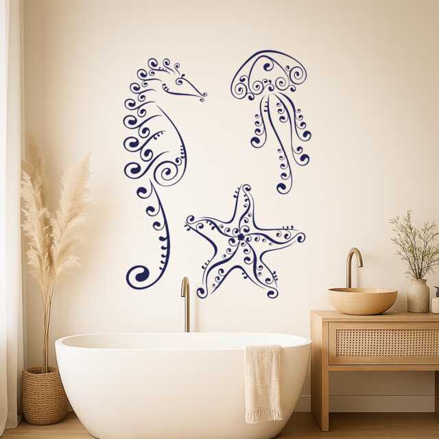 Ocean Wall Decal - Sea Life Vinyl Sticker For Bathroom Or Kids Room Decor 2367Di - image 1