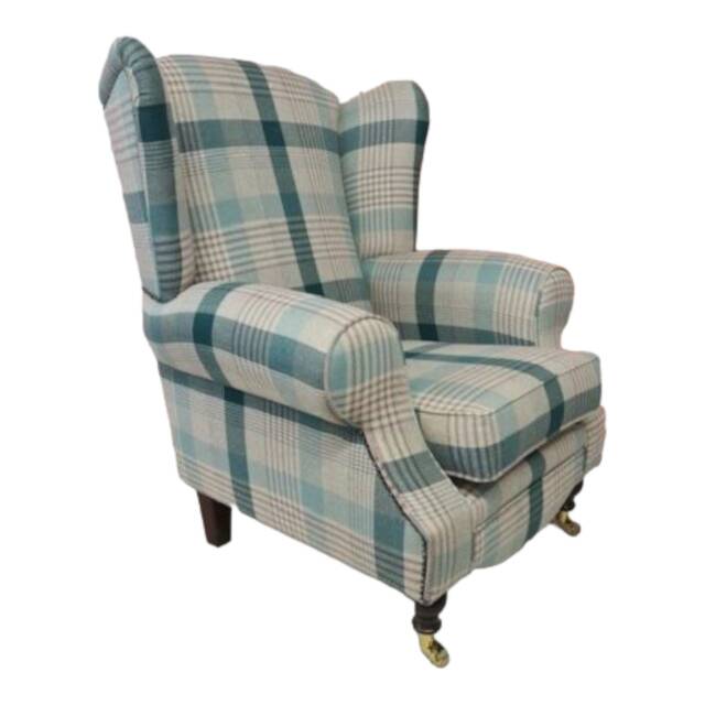 Teal Tartan Queen Anne Wingback Chair - Brass Castor Legs - image 1