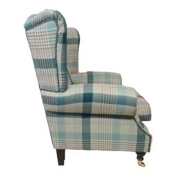 Teal Tartan Queen Anne Wingback Chair - Brass Castor Legs - thumbnail 4