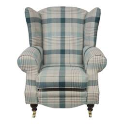 Teal Tartan Queen Anne Wingback Chair - Brass Castor Legs - thumbnail 2