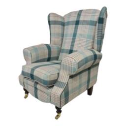 Teal Tartan Queen Anne Wingback Chair - Brass Castor Legs - thumbnail 3