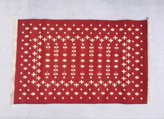 Multiple Sizes Red & White Kelim Handmade Cotton Rug Dhurrie - Dark Colour - image 1