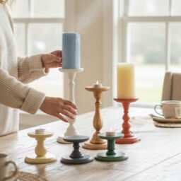 Wooden Pillar Stand Decorative Pedestal Table Accent Rustic Style Modern Farmhouse Decor Piece Handmade Handpainted Candle Holder Bathroom - thumbnail 4