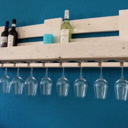 Wine Rack Made From Recycled Euro Pallets. Pallet Furniture. Wall Shelf For 8 Wine Bottles With Glass Holders. Wooden Shelf. Handmade in Shabby White - thumbnail 3