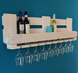 Wine Rack Made From Recycled Euro Pallets. Pallet Furniture. Wall Shelf For 8 Wine Bottles With Glass Holders. Wooden Shelf. Handmade in Shabby White