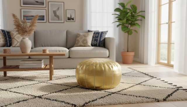Next Day Delivery Prefilled Gold Moroccan Leather Pouf Ottoman Bohemian Living Room Decor - Next Day Delivery - image 1