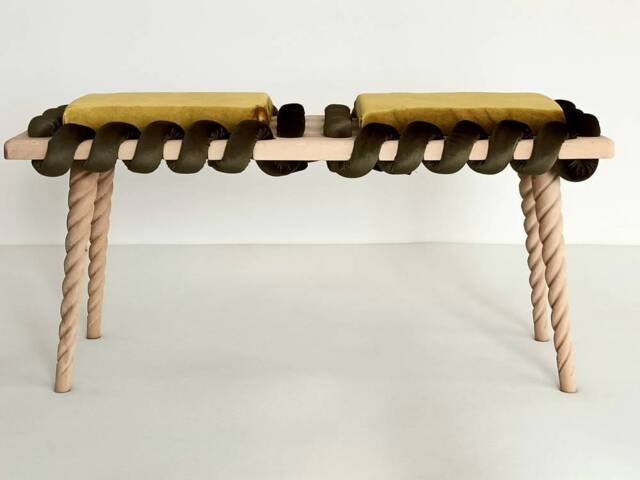 Long Bench, Wooden Bench in Camouflage Green & Mustard Yellow Cross Wavy Velvet Fabric, Living Room Bench, Ottoman Unique Gift - image 1