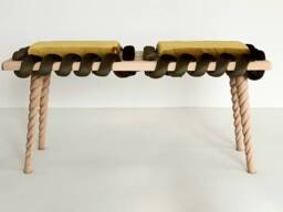 Long Bench, Wooden Bench in Camouflage Green & Mustard Yellow Cross Wavy Velvet Fabric, Living Room Bench, Ottoman Unique Gift - thumbnail 1
