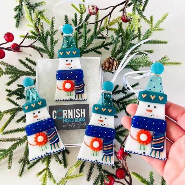 Beautiful Blue Snowman Fused Glass Christmas Decoration - Tree Decoration, Cornwall, Cornish - image 1