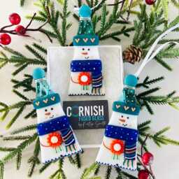 Beautiful Blue Snowman Fused Glass Christmas Decoration - Tree Decoration, Cornwall, Cornish - thumbnail 3