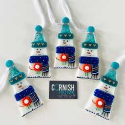 Beautiful Blue Snowman Fused Glass Christmas Decoration - Tree Decoration, Cornwall, Cornish - thumbnail 2