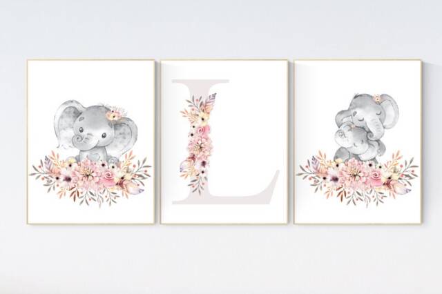 Elephant Floral Nursery Print Boho Girl Woodland Decor - image 1
