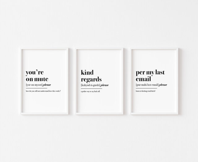 Home Office Set Of 3 Prints - Definition You're On Mute Funny Wall Art Work From Decor Email