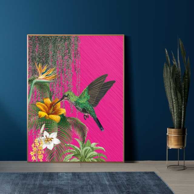 Tropical Maximalist Hot Pink Hummingbird Art Print - Bright & Bold Jungle Poster Green On A Foliage Background - image 1