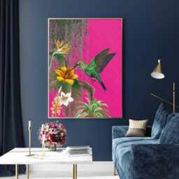 Tropical Maximalist Hot Pink Hummingbird Art Print - Bright & Bold Jungle Poster Green On A Foliage Background - thumbnail 3