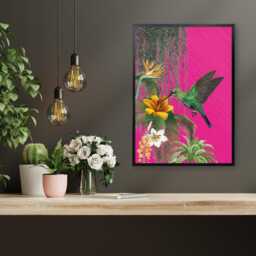 Tropical Maximalist Hot Pink Hummingbird Art Print - Bright & Bold Jungle Poster Green On A Foliage Background - thumbnail 2