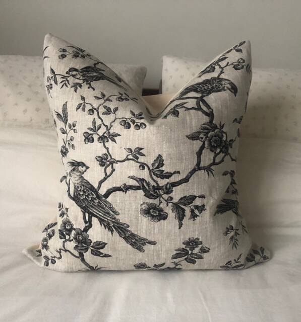 French Country Pillow Covers, Linen Bedding, Black Toile De Jouy, Beige Cushion, Vintage Fabric, Decorative Cover - image 1