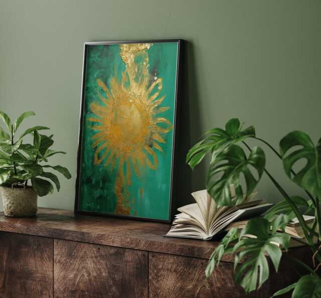 Emerald Green & Gold Sunburst Wall Art Print - Abstract Nature Decor - image 1