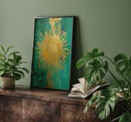 Emerald Green & Gold Sunburst Wall Art Print - Abstract Nature Decor - thumbnail 1