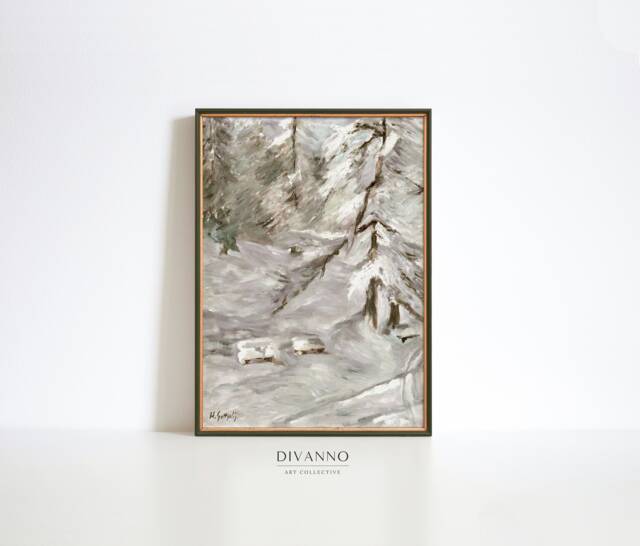 Antique Winter Forest Oil Painting Print, Vintage Snowy Landscape Wall Art, Nordic Evergreen Printable Poster, Neutral Canvas Christmas Gift - image 1