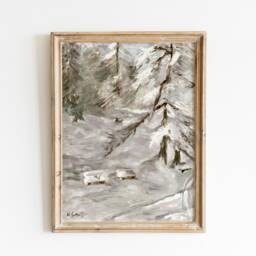 Antique Winter Forest Oil Painting Print, Vintage Snowy Landscape Wall Art, Nordic Evergreen Printable Poster, Neutral Canvas Christmas Gift - thumbnail 2