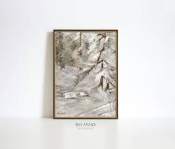 Antique Winter Forest Oil Painting Print, Vintage Snowy Landscape Wall Art, Nordic Evergreen Printable Poster, Neutral Canvas Christmas Gift - thumbnail 1