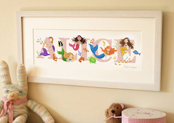 Mermaid Name Illustration Print Children Kids New Baby Shower Personalised Nursery Decor Wall Art Picture Painting Frame Bedroom Plaque Sign - image 1