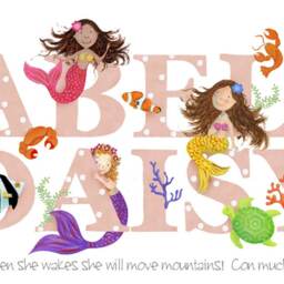Mermaid Name Illustration Print Children Kids New Baby Shower Personalised Nursery Decor Wall Art Picture Painting Frame Bedroom Plaque Sign - thumbnail 3
