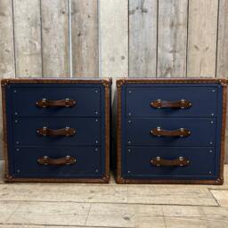 Pebble Blue Leather Trimmed Bedside Cabinets - Bedroom Decor Home Interiors