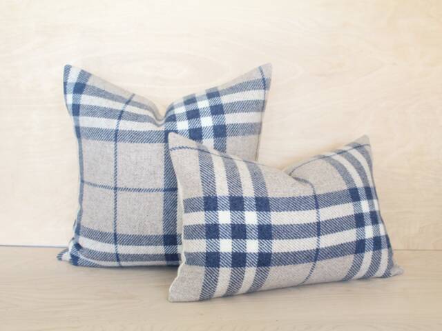 Blue & Gray Plaid Wool Pillow Cover, White Check Farmhouse Cover - Made To Order - image 1