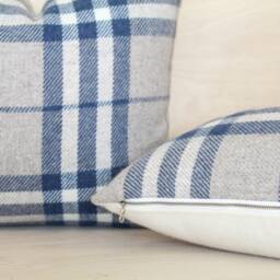 Blue & Gray Plaid Wool Pillow Cover, White Check Farmhouse Cover - Made To Order - thumbnail 2