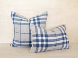 Blue & Gray Plaid Wool Pillow Cover, White Check Farmhouse Cover - Made To Order