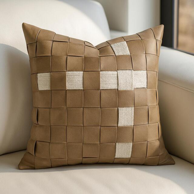 Woven Leather Cushion 50x50 Tan & Cream Pillow Textured Square Cover Modern Rustic Decor Checkerboard Accent Boho Sofa Throw - image 1