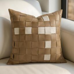 Woven Leather Cushion 50x50 Tan & Cream Pillow Textured Square Cover Modern Rustic Decor Checkerboard Accent Boho Sofa Throw - thumbnail 1