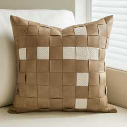Woven Leather Cushion 50x50 Tan & Cream Pillow Textured Square Cover Modern Rustic Decor Checkerboard Accent Boho Sofa Throw - thumbnail 2