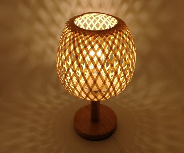 Rustic Bamboo Table Lamp Oak Wood Base, Bedroom Lighting - image 1