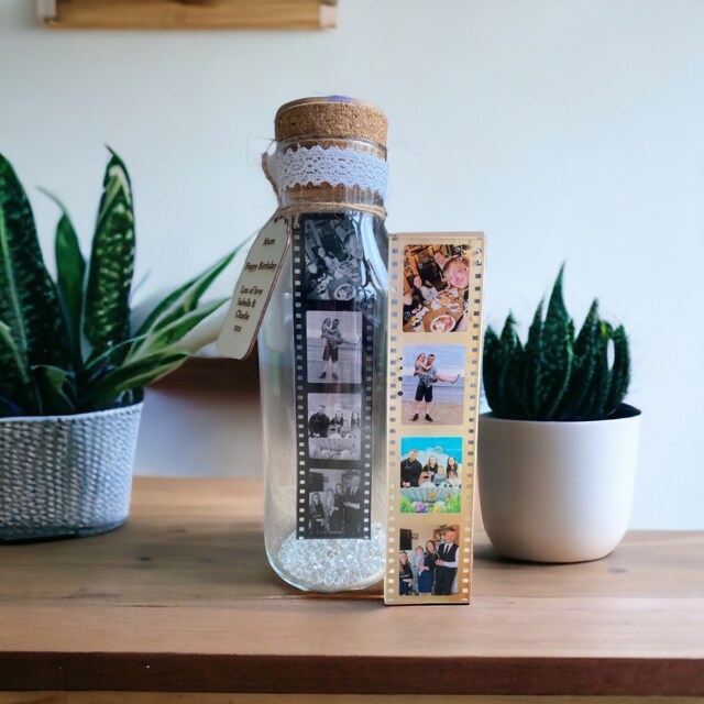 Film Reel in A Bottle - LargeWith & Without Lights, Personalised Tag, 2 Film Designs. Wedding, Anniversary, Mum, Dad, Christmas Gift - image 1