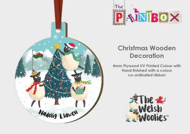 Wooden Tree Decoration , Addurn Nadolig Cymraeg - Woolies Xmas Reee - image 1