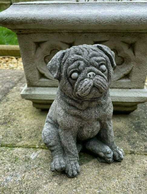Sitting Pug Stone Statue -Outdoor Puppy Dog Bulldog Animal Garden Ornament - image 1