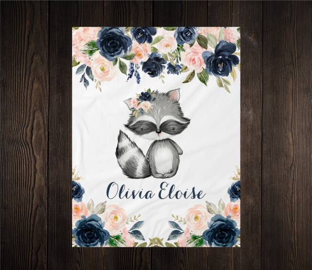 Personalized Baby Name Blanket, Gift, Racoon, Custom Coming Home Hospital Shower Gift Birthday Woodland - image 1