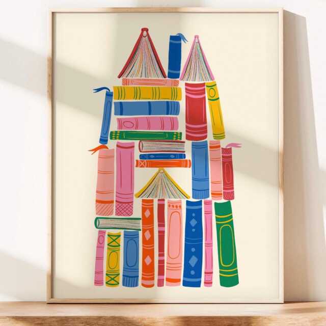 Book Castle, Art, Nursery Room Reading Classroom Gift For Reader, Colorful Kids Room, Nook Art - image 1