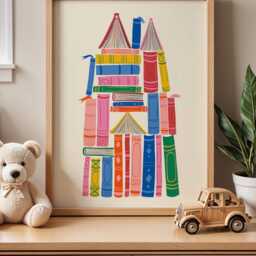 Book Castle, Art, Nursery Room Reading Classroom Gift For Reader, Colorful Kids Room, Nook Art - thumbnail 3