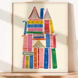 Book Castle, Art, Nursery Room Reading Classroom Gift For Reader, Colorful Kids Room, Nook Art - thumbnail 1