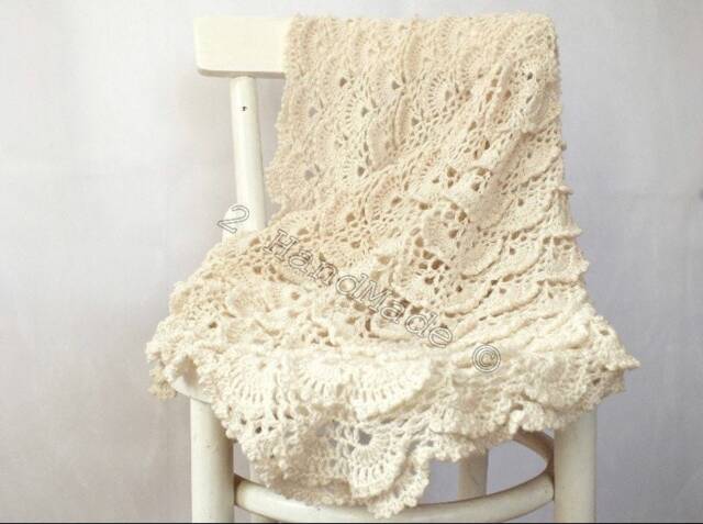 Handmade Crochet Lace Baby Blanket Ivory Cream Shells, Merino Blend - image 1