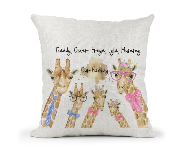 Personalised Giraffe Family Cream Canvas Cushion, Scatter Home Decor, Watercolour Quirky New Gift, Farmhouse - image 1