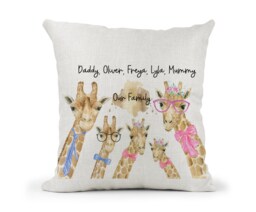 Personalised Giraffe Family Cream Canvas Cushion, Scatter Home Decor, Watercolour Quirky New Gift, Farmhouse - thumbnail 1