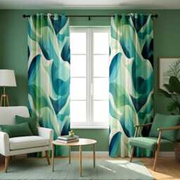 Teal Green Abstract Curtains, Modern Wave Pattern Drapes, Ocean Inspired Geometric Window Panels, Aqua Blue Art Deco Style Custom Curtains